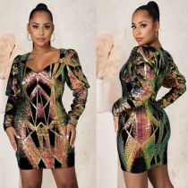 Sexy Sequin Long Sleeve Zipper Nightclub Party Dress LX-6050