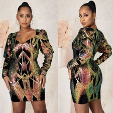 Sexy Sequin Long Sleeve Zipper Nightclub Party Dress LX-6050