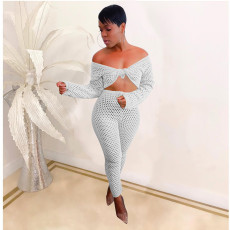 Knitted Hollow Out Fashion Casual Long Sleeve Pants 2 Piece Set MDF-5209