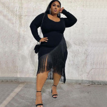  Plus Size Black Long Sleeve Tassel Sexy Nightclub Dress NNWF-7057