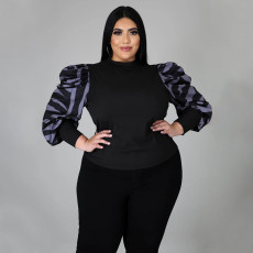 Plus Size Printed Splice Lantern Sleeve Slim-fit T-Shirt Top NNWF-7051