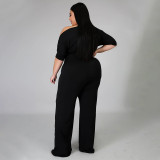 Plus Size Fashion Solid Color Oblique Shoulder Wide-leg Jumpsuit NNWF-7052