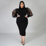 Plus Size Mesh Perspective Splice Sleeve Solid Color Slim Midi Dress NNWF-7020