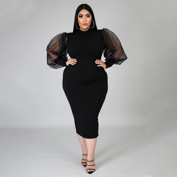 Plus Size Mesh Perspective Splice Sleeve Solid Color Slim Midi Dress NNWF-7020