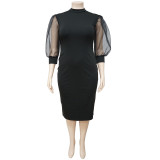 Plus Size Mesh Perspective Splice Sleeve Solid Color Slim Midi Dress NNWF-7020