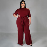 Plus Size Fashion Solid Color Oblique Shoulder Wide-leg Jumpsuit NNWF-7052