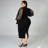 Plus Size Mesh Perspective Splice Sleeve Solid Color Slim Midi Dress NNWF-7020