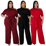 Plus Size Fashion Solid Color Oblique Shoulder Wide-leg Jumpsuit NNWF-7052