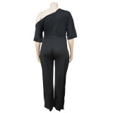 Plus Size Fashion Solid Color Oblique Shoulder Wide-leg Jumpsuit NNWF-7052