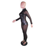 Sexy PU Leather Mesh Patchwork Jumpsuits BS-1248