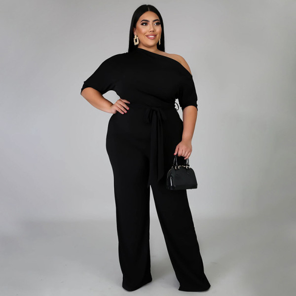 Plus Size Fashion Solid Color Oblique Shoulder Wide-leg Jumpsuit NNWF-7052