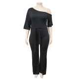 Plus Size Fashion Solid Color Oblique Shoulder Wide-leg Jumpsuit NNWF-7052