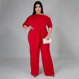 Plus Size Fashion Solid Color Oblique Shoulder Wide-leg Jumpsuit NNWF-7052