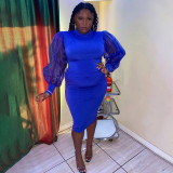 Plus Size Mesh Perspective Splice Sleeve Solid Color Slim Midi Dress NNWF-7020