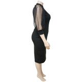 Plus Size Mesh Perspective Splice Sleeve Solid Color Slim Midi Dress NNWF-7020