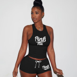 Pink Letter Print Tank Top Shorts 2 Piece Sets TE-4199