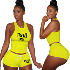Pink Letter Print Tank Top Shorts 2 Piece Sets TE-4199