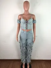 Denim Cascaded Tassel Skinny Jeans LA-3255
