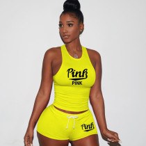 Pink Letter Print Tank Top Shorts 2 Piece Sets TE-4199