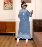Denim Ripped Hole Full Sleeve Long Coat LX-6083