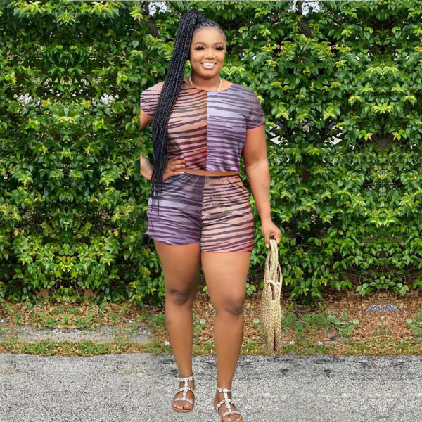 Plus Size Stripe Print Short Sleeve Two Piece Sets WAF-7142