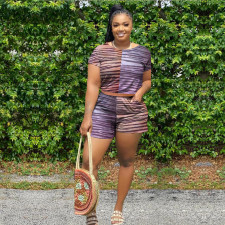 Plus Size Stripe Print Short Sleeve Two Piece Sets WAF-7142