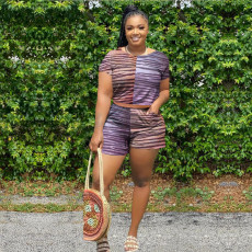 Plus Size Stripe Print Short Sleeve Two Piece Sets WAF-7142