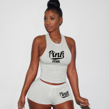 Pink Letter Print Tank Top Shorts 2 Piece Sets TE-4199