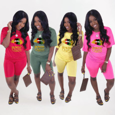Lip Print Short Sleeve Two Piece Shorts Set WAF-7145