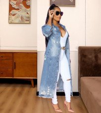 Denim Ripped Hole Full Sleeve Long Coat LX-6083