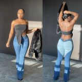 Plus Size Denim Patchwork Flared Jeans LX-6883