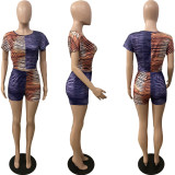 Plus Size Stripe Print Short Sleeve Two Piece Sets WAF-7142