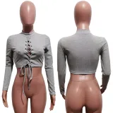 Sexy Ribbed Lace Up Long Sleeve Crop Tops LSD-9091