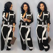 Plus Size Printed Long Sleeve Sashes Jumpsuits LSD-8615