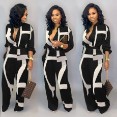Plus Size Printed Long Sleeve Sashes Jumpsuits LSD-8615