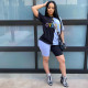 Plus Size Letter Print Patchwork 2 Piece Shorts Set LSD-8698