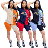 Plus Size Letter Print Patchwork 2 Piece Shorts Set LSD-8698