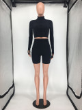 Sports Casual Rib Embroidery Letters Slim Zipper Top And Shorts Two Piece Set SMD-2055