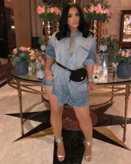 Casual Beading Long Sleeve Buttons Denim Dress LSD-8269