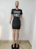 Letter Print O Neck Short Sleeve Mini Dress LSD-8822