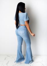 Plus Size Denim Ripped Hole Tassel Flared Jeans LSD-8715