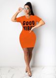 Letter Print O Neck Short Sleeve Mini Dress LSD-8822