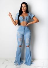 Plus Size Denim Ripped Hole Tassel Flared Jeans LSD-8715