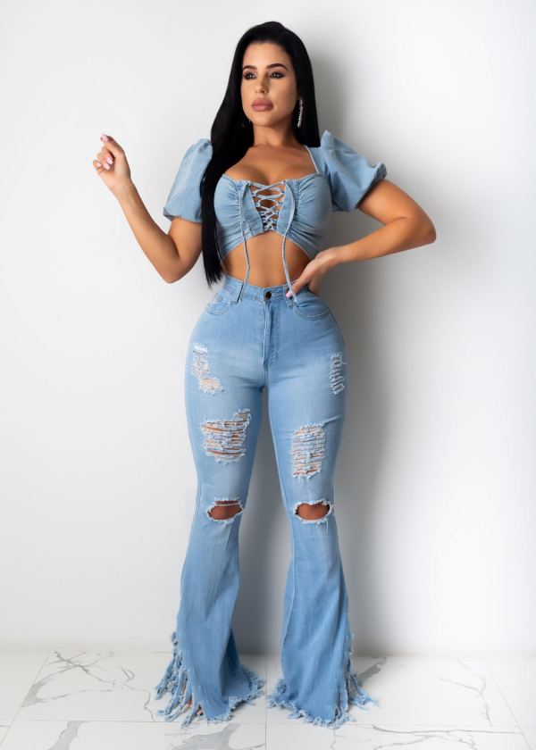 Plus Size Denim Ripped Hole Tassel Flared Jeans LSD-8715