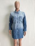 Casual Beading Long Sleeve Buttons Denim Dress LSD-8269