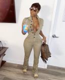 Solid Short Sleeve Buttons Cargo Jumsuits LSD-8724