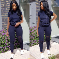 Solid Hooded Hole Short Sleeve 2 Piece Pants Set LSD-8315