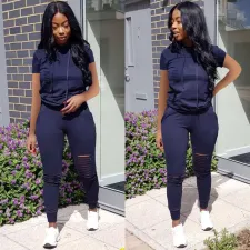 Solid Hooded Hole Short Sleeve 2 Piece Pants Set LSD-8315