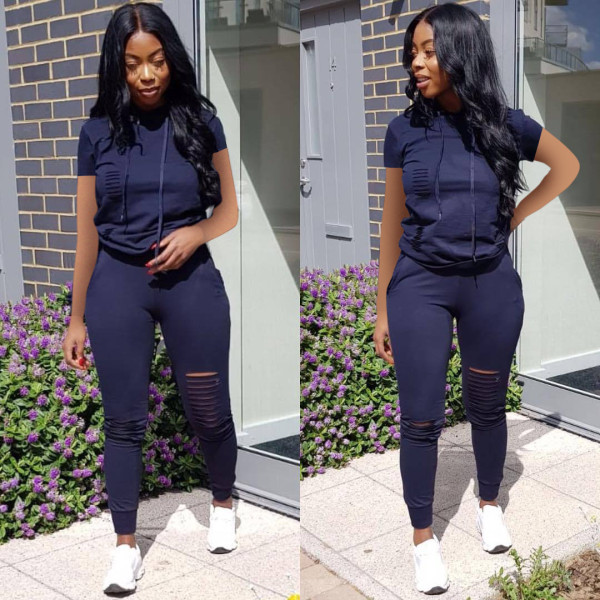 Solid Hooded Hole Short Sleeve 2 Piece Pants Set LSD-8315