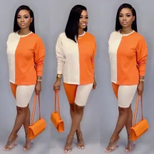 Contrast Color Patchwork Long Sleeve 2 Piece Short Sets LSD-8635